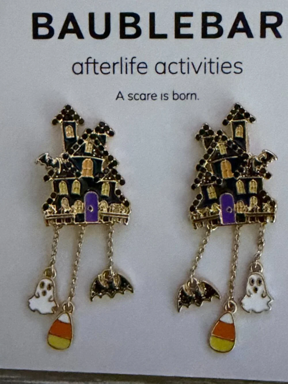 BaubleBar Afterlife Activities Haunted House Dangle Drop Earrings Ghost Bat NEW
